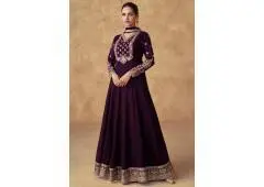 Buy Plum Chinon Silk Embroidered Anarkali Dress 